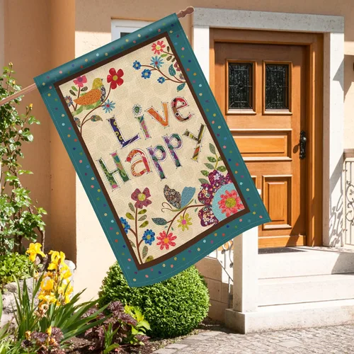 Miniatura 5 de Hzppyz Live Happy - Bandera decorativa grande para casa, diseño de pájaro, primavera y verano, cita inspiradora para jardín, patio, decoración