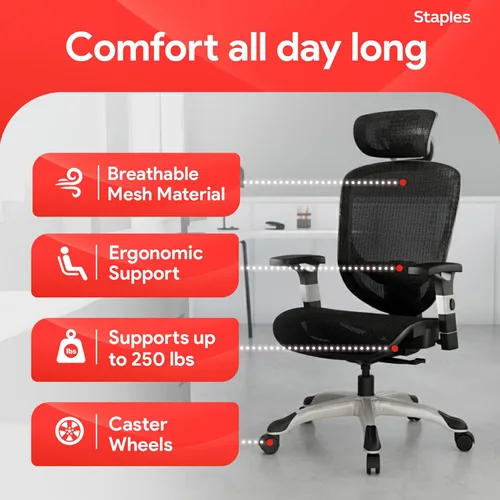 Miniatura 6 de Staples Hyken - Silla de trabajo giratoria ergonómica, silla de oficina ajustable con malla transpirable y soporte lumbar, perfecta para el hogar