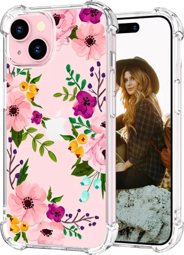Miniatura 82 de Hungo Funda compatible con iPhone 15 Plus para mujer, diseño floral transparente, lindo, flor azul rosa Rosas Azules