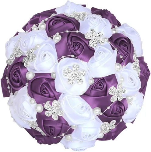 Miniatura 11 de Sharebeauty Ramo de novia de satén hecho a mano de 5.9 pulgadas, ramo de boda, ramo de flores artificiales, color azul claro + blanco W224