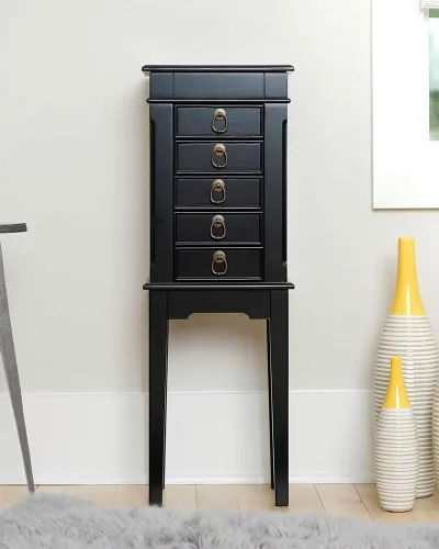 Miniatura 4 de Hives and Honey Kennedy Jewelry Armoire - Moderno organizador de almacenamiento de madera con ganchos para collares, 5 cajones y espejo de tocador