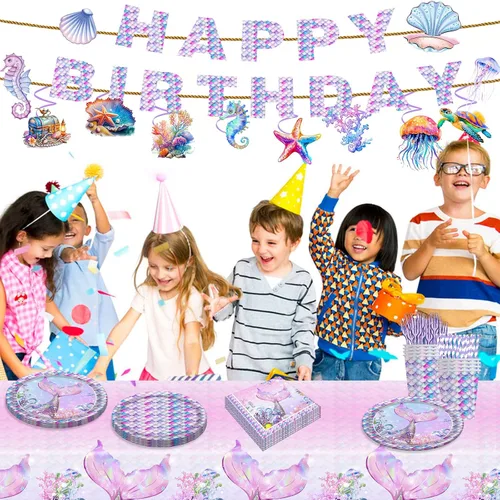 Miniatura 7 de 140 decoraciones de cumpleaños de sirena que incluyen platos, servilletas, vasos, cubiertos, remolinos colgantes, pancarta, decoración de pasteles