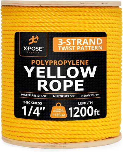 Miniatura 61 de Cuerda de polipropileno trenzado amarilla, 1/2 pulgada de grosor x 50 pies de largo, cuerdas de polietileno resistentes para uso en exteriores