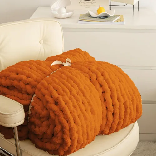 Miniatura 6 de ATMOSURELY Manta de punto grueso ultrasuave de color naranja quemado, acogedora y esponjosa, hecha a mano, con hilo de felpilla, para cama, sofá