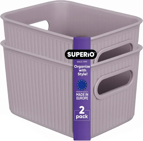 Superio Ribbed Collection – Canastas organizadoras de plástico decorativas abiertas para el hogar, pequeñas color morado lila (paquete de 2) cajas