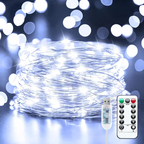 Minetom - Guirnalda de luces USB enchufables, 100 focos LED parpadeantes, 33 pies, con control remoto y temporizador, impermeable, 8 modos de Blanco