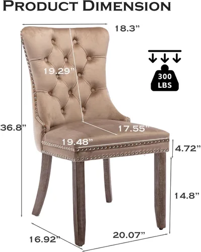 Miniatura 7 de Juego de 4 sillas de comedor de terciopelo tapizadas con ribete de cabeza de clavo y patas de madera maciza para cocina, restaurante, caqui
