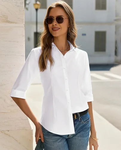 Miniatura 6 de siliteelon Button Down Shirts for Women: Slim Fit Stain Shield 3/4 Sleeve Dress Shirt Formal Work Button Up Blouses