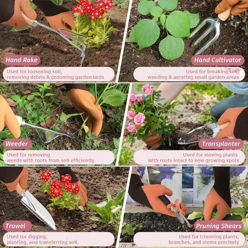 Miniatura 5 de Juego de 22 piezas de herramientas de jardín para mujeres, kit de herramientas manual resistente que incluye bolsa práctica/pala/alfombrilla