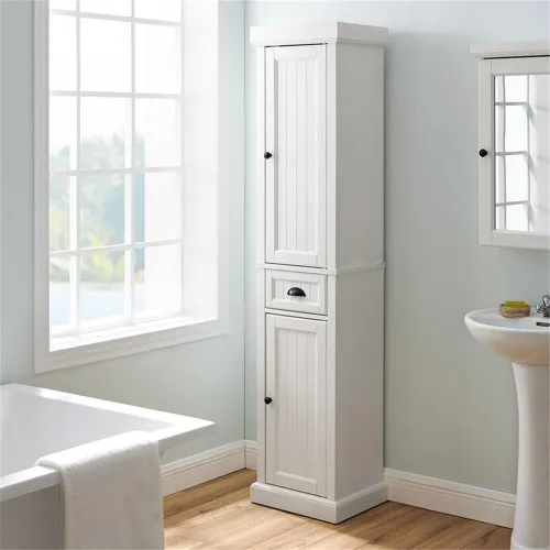 Miniatura 2 de Crosley Furniture Seaside - Armario de almacenamiento alto de lino y organizador de baño con cajón y estantes, color blanco envejecido