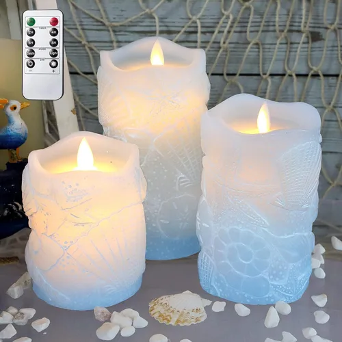 MELTONE Velas LED sin llama azul océano con mecha parpadeante con carcasa de cera real con control remoto, decoración náutica de fiestas de boda,