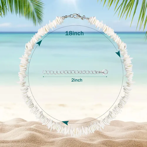 Miniatura 2 de Paquete de 3 collares de concha de Puka, collar de surfista de almeja, collar blanco, gargantilla hawaiana, joyería de playa con cadena extendida