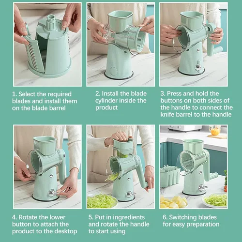 Miniatura 6 de Rallador de queso giratorio 5 en 1 para cocina, trituradora de zanahorias, trituradoras de alimentos con 5 juegos de cuchillas intercambiables