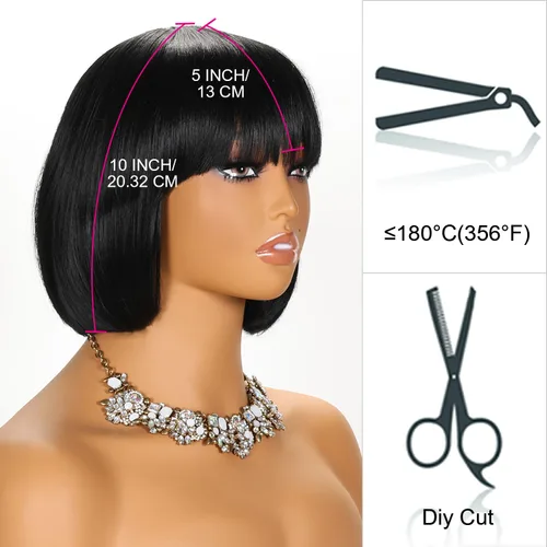 Miniatura 5 de YYHR Peluca corta estilo Bob con flequillo de 10 pulgadas, pelucas de cabello sintético lacio Yaki claro, pelucas cortas de corte Bob negro con 1b