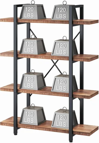 Miniatura 3 de HSH - Estantería sólida de 4 niveles de madera natural, estantería rústica de madera y metal con 4 estantes, estantería vintage industrial abierta