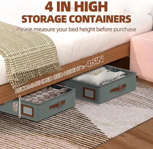 Miniatura 5 de Contenedores de almacenamiento de 4 pulgadas para debajo de la cama, paquete de 2 contenedores grandes de almacenamiento debajo de la cama con tapa