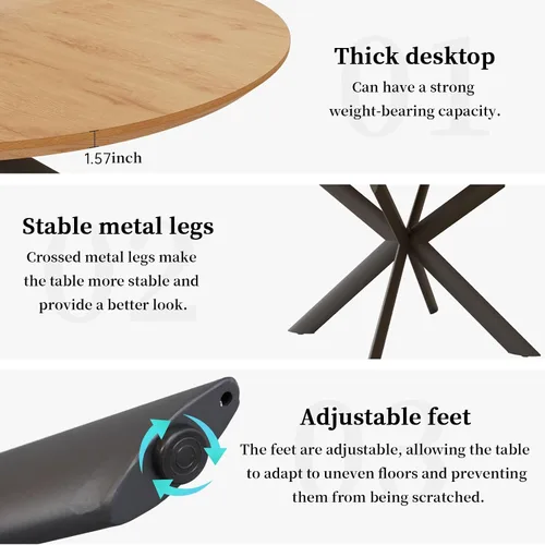 Miniatura 4 de HIPIHOM - Mesa de comedor redonda extensible de 43.2"-59.1", mesa redonda moderna de madera de mediados de siglo, mesa de café de roble para ocio