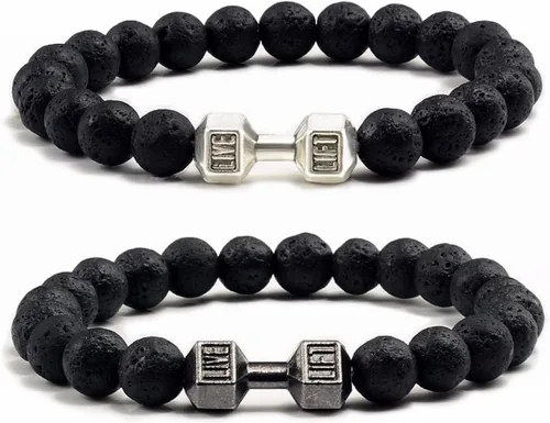 Harlermoon Pulsera de gimnasia con mancuernas para hombres y mujeres, piedra de lava, ajustable, cuentas de piedra natural, pulsera de fitness para