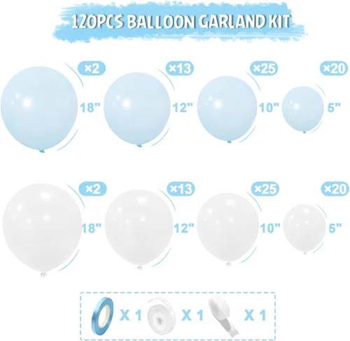 Miniatura 2 de Kit de arco de globos azules y blancos, 120 guirnaldas de globos azul claro pastel, globos de látex de 18, 12, 10, 5 pulgadas para niños