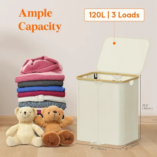 Miniatura 2 de Lifewit Cesto de Ropa Sucia Doble de 120L con Tapa, Cesto Grande Dual para Ropa Sucia con Bolsas Removibles, 2 Secciones Cestos Estéticos para Ropa