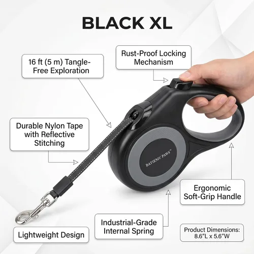 Miniatura 5 de Correa retráctil para perro, cinta de nailon fuerte de 16 pies, puntada reflectante para caminar por la noche, freno con una sola mano, mango Negro
