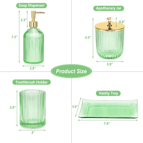 Miniatura 6 de Jenseits Juego de Accesorios de Baño Verde, Juego de 4 Piezas de Accesorios de Baño de Vidrio, Dispensador de Jabón, Portacepillos de Dientes