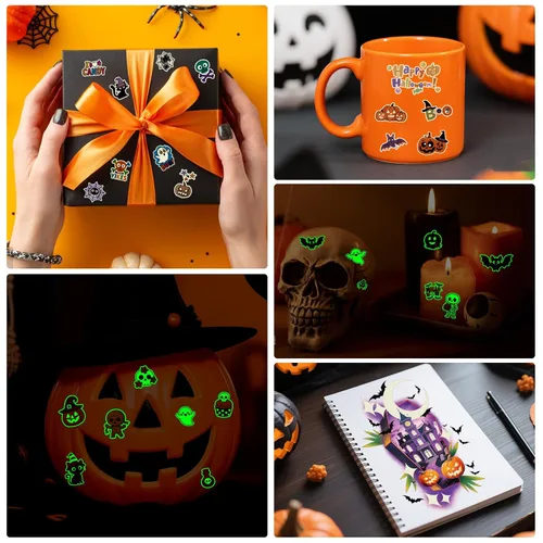 Miniatura 7 de 39 hojas de tatuajes temporales que brillan en Halloween para mujeres y hombres, esqueleto de la muerte, cráneo negro, sombreros negros, escobas