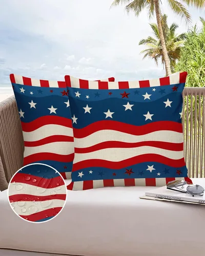 Miniatura 6 de Funda de almohada impermeable para el Día de la Independencia para exteriores, diseño de estrella en ondas rojas y azules, fundas de cojín