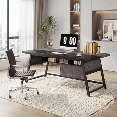 Miniatura 9 de Escritorio ejecutivo de 63 pulgadas con estante de almacenamiento, escritorio grande de oficina en casa con marco de metal y luz LED, escritorios