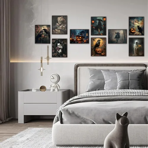 Miniatura 4 de ARKZSHO Juego de 9 impresiones en lienzo para pared de Halloween, pintura oscura de academia, pintura estética gótica espeluznante para galería