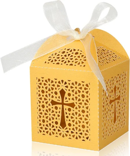 KPOSIYA Paquete de 70 cajas de regalo de bautismo, cajas de dulces cortadas con láser con cintas, cajas de regalo pequeñas para baby shower, Dorado