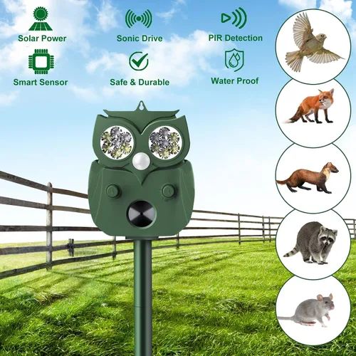 Miniatura 6 de Repelente de animales para exteriores, alimentado por energía solar, ultrasónico, ciervo, ardilla, conejo, roedor, disuasorio de perros, repelente