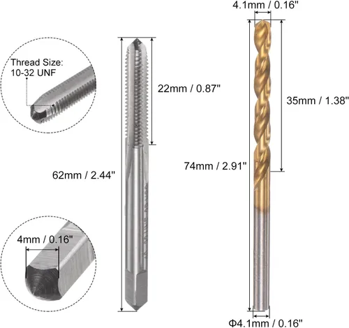 Miniatura 2 de uxcell 10-32 UNF Straight Flauta Thread Tap y 0.161 in Twist Drill Broca Set, titanio plateado 6542 Acero de alta velocidad Broca de perforación