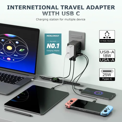 Miniatura 6 de Adaptador de viaje universal, enchufe de alimentación internacional con 2 puertos USB-C y 2 puertos USB-A, cargador de pared mundial para Europa