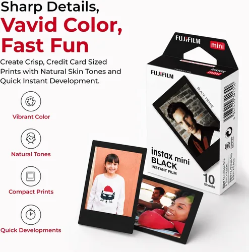 Miniatura 3 de FUJIFILM Película instantánea Instax Mini negra (20 disparos) + 4 pilas AA + paño de limpieza de microfibra BluebirdSales - Paquete de fotografía