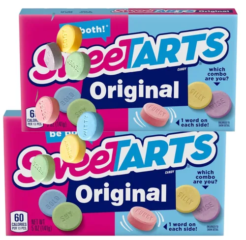 Sweets Tarts Surtido de dulces picantes – Paquete de 2 cajas estilo teatro – Sabores afrutados con palabras divertidas – Frambuesa azul, cereza,