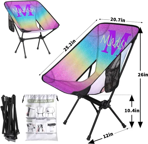 Miniatura 2 de Silla de camping personalizada portátil con nombre, silla plegable ligera para playa, senderismo, rosa, azul y dorado