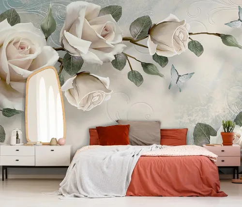 Miniatura 2 de Murwall Floral Wallpaper Cream Rose Wall Mural 3D Photo Nordic Flower Wall Print Living Room Bedroom Entryway Cafe Design
