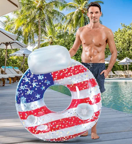 Miniatura 6 de POZA Flotador inflable de piscina de Estados Unidos – Lujosa tumbona divertida llena de confeti de estrellas plateadas brillantes, diseño de bandera