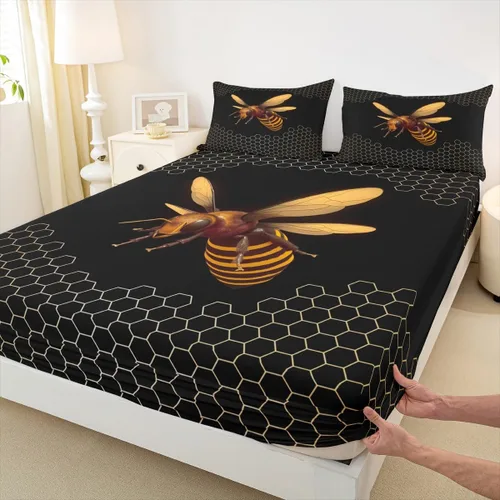 Miniatura 5 de Erosebridal Honey Bee - Juego de sábanas bajeras negras y doradas, tamaño individual, diseño geométrico de panal de abeja para niños y niñas, funda