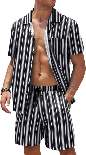 COOFANDY Conjunto casual de rayas de verano para hombre, camisa de manga corta con botones, color negro, talla XXL, Negro -