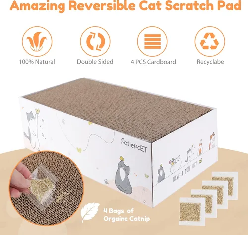 Miniatura 2 de PatiencET Paquete de 4 almohadillas para arañazos para gatos con caja, rascador de cartón para gatos de interior, rascador reversible con caja