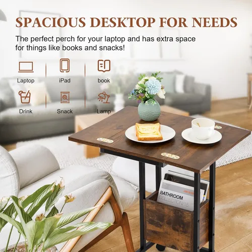 Miniatura 5 de Hadulcet Mesa auxiliar en forma de C con estación de carga y mesa plegable, mesa plegable para TV con almacenamiento, mesa para laptop para sofá