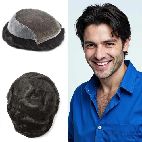 Miniatura 107 de Toupee para hombres pieza de pelo suave suizo encaje real sistema de cabello humano reemplazo blanqueado nudo mens tupé sistema de pelo para hombres