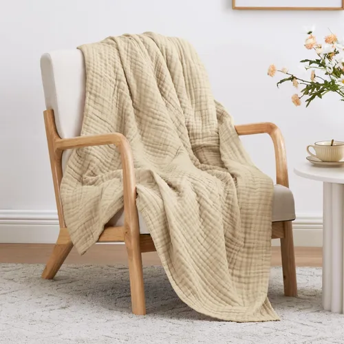 Miniatura 25 de Love's cabin - Manta de muselina de 6 capas 100% algodón, 90"x90", manta de muselina tamaño queen para sofá o cama, de algodón de gasa ligera y Beige