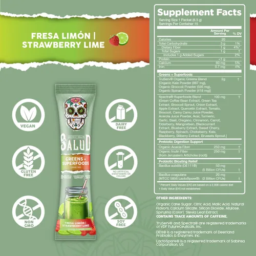 Miniatura 3 de Salud - Paquete de 2 paquetes de mezcla de bebidas verdes 2 en 1 en polvo + superalimentos, durazno mango y fresa lima, 15 porciones cada una, más