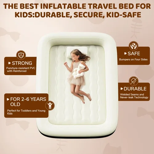 Miniatura 4 de Cama inflable de viaje para niños pequeños, colchón de aire portátil de 64 pulgadas con cuatro lados de seguridad, bomba de alta velocidad y bolsa