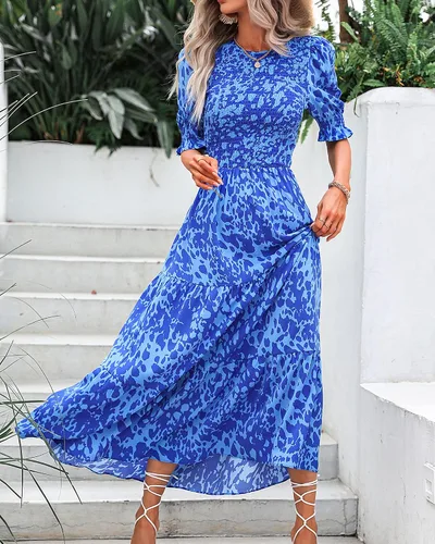 Miniatura 96 de BTFBM Vestidos para mujer, cuello redondo, casual, de verano, con volantes, manga corta, bohemio, con niveles, fruncido, largo, con estampado floral
