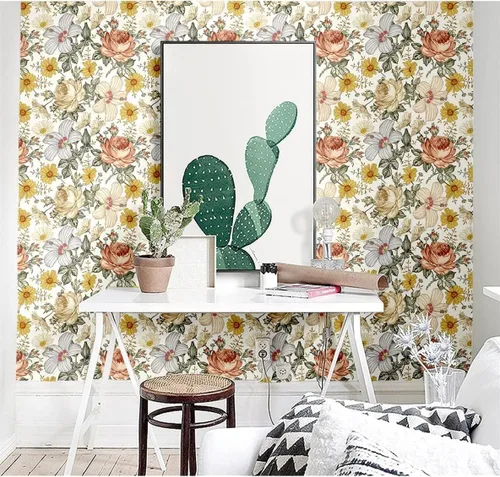 Miniatura 6 de Blooming Wall Papel pintado multicolor de peonía y margaritas para despegar y pegar autoadhesivo extraíble mural de pared decoración de pared