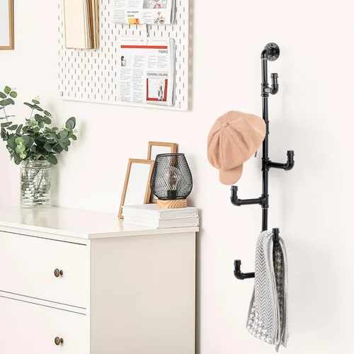 Miniatura 4 de MyGift Perchero industrial de tubo de metal negro montado en la pared para sombreros y percheros con 6 ganchos de brazo ajustables, ganchos